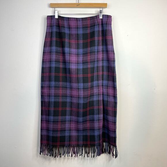 Vintage 90s Wool Blend Purple Plaid Fringe Blanket Long Midi skirt Womens 12 - Picture 1 of 9
